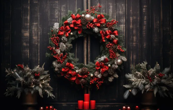 Winter, balls, snow, door, Christmas, New year, wreath, new year decorations