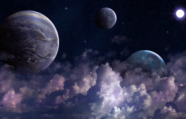 The sky, space, stars, clouds, light, night, lights, rendering