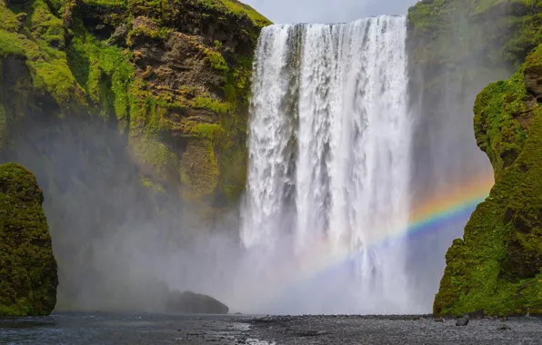 Nature, rocks, shore, waterfall, rainbow, stream