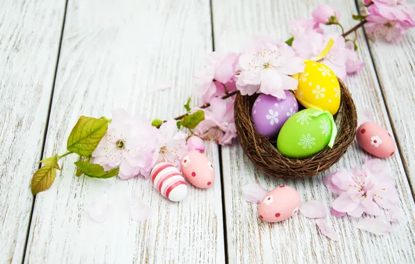 Flowers, eggs, spring, colorful, Easter, happy, wood, pink