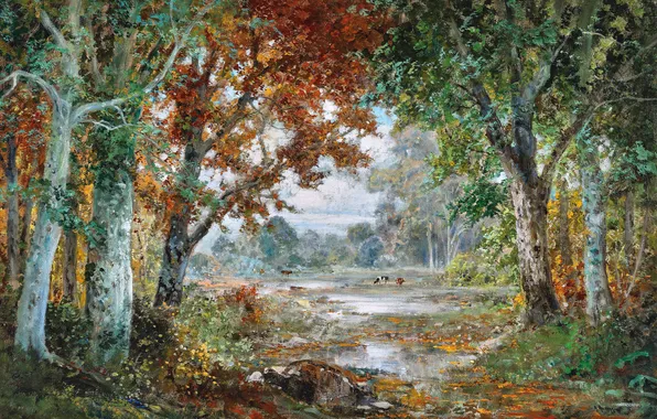 Trees, Picture, River, Cows, Alois Arnegger, Autumn forest, Alois Arnegger, Austrian painter