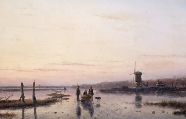 Picture trees, landscape, oil, picture, mill, Andreas Schelfhout