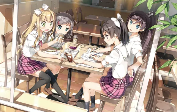 Player, knee, drinks, bow, Schoolgirls, notebook, friend, sitting