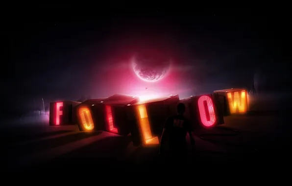 Light, the inscription, the moon, people, neon, letter, follow me, follow me