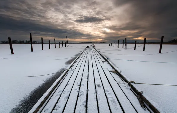 Winter, landscape, night, bridge