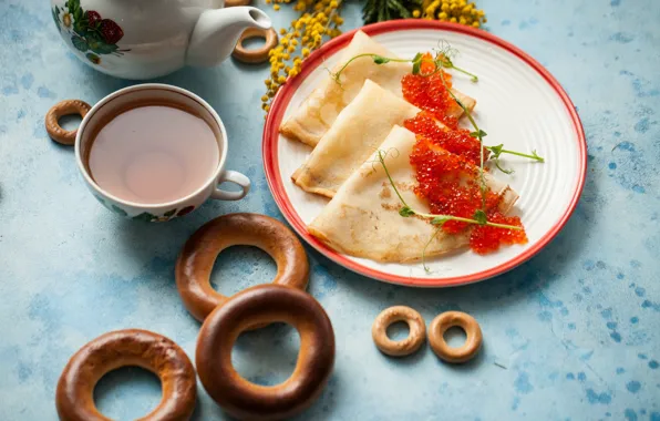 Bagels, Caviar, Pancakes, Tea, Mimosa