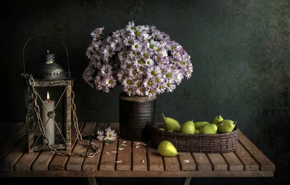 Table, candle, bouquet, pear, Candlelight