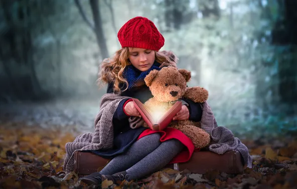 Autumn, forest, magic, girl, book, bear, plaid, takes