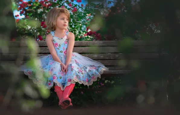 Picture bench, mood, boots, garden, dress, girl