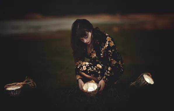 Picture girl, light, darkness, dress, basket, light bulb, squat