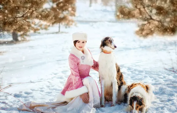 Winter, dogs, look, girl, snow, branches, Park, makeup