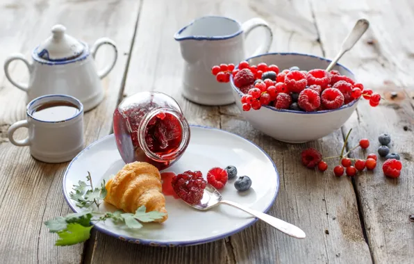 Picture berries, raspberry, tea, food, Breakfast, blueberries, dishes, currants