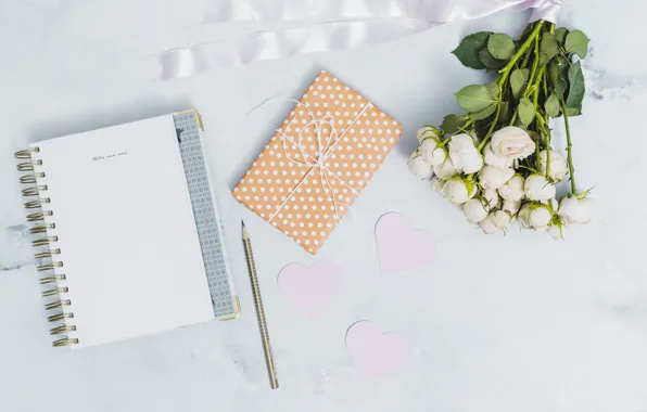 Background, roses, bouquet, tape, hearts, Notepad, pencil, white