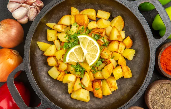 Picture different, inside, vegetables, fried, dark background, seasonings, potatoes, pan