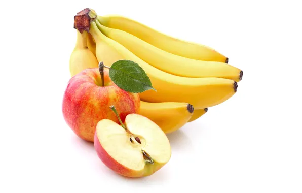 Picture apples, yellow, bananas, white background, fruit