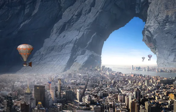 Picture sea, the sky, flight, the city, fog, balloon, rendering, fiction
