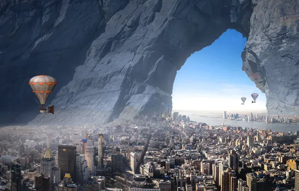 Sea, the sky, flight, the city, fog, balloon, rendering, fiction