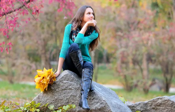 Picture autumn, leaves, girl, stone, bouquet, cutie