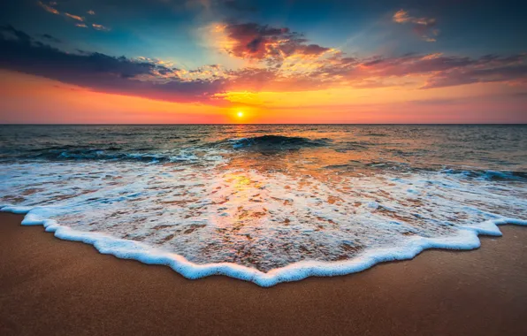 Picture sea, beach, the sun, sunset, shore, surf