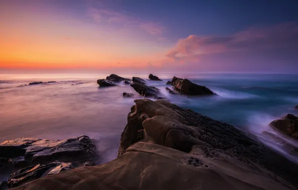 Picture sea, the sky, clouds, landscape, sunset, stones, rocks, shore