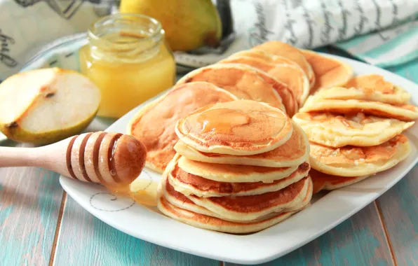 Honey, pear, pancakes