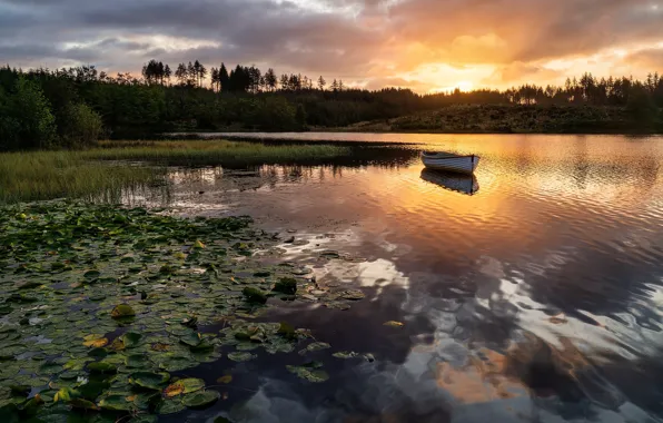 Sunset, lake, boat