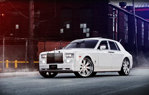 Picture white, the building, Phantom, the fence, white, Rolls Royce, front view, Phantom