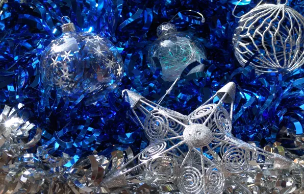 Balls, blue, holiday, toys, star, new year, tinsel, sparkling