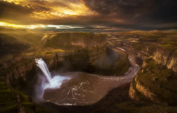 River, waterfall, morning, canyon, Washington, USA, state, The Palouse