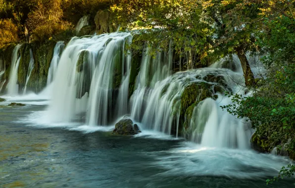 Rocks, shore, waterfall, stream