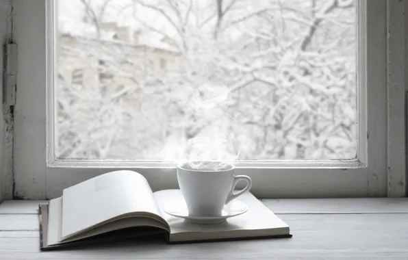 Winter, snow, window, Cup, book, hot, winter, snow