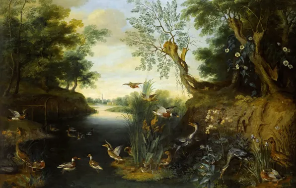 Picture animals, trees, river, picture, Jan Brueghel the younger, River Landscape with Birds