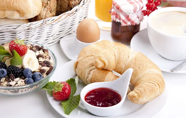 Berries, Breakfast, jam, cereal, raisins, croissants, oatmeal