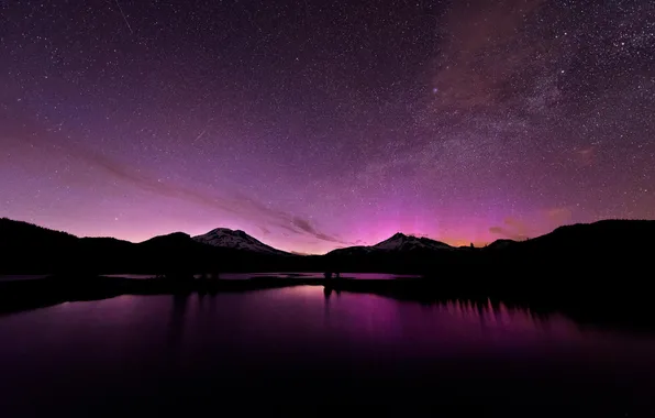 The sky, stars, mountains, night, lake, Northern lights