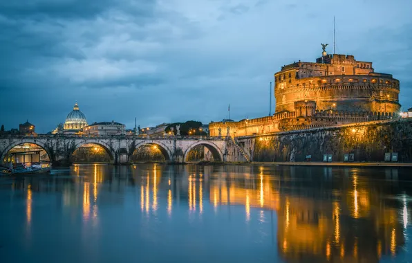 Lights, reflection, river, Rome, Italy, The Tiber, Ponte Sant'angelo, Castel Sant'angelo