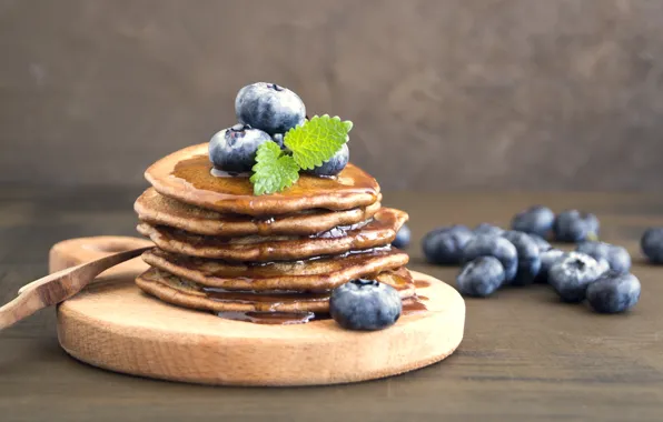 Berries, blueberries, honey, chocolate, pancakes