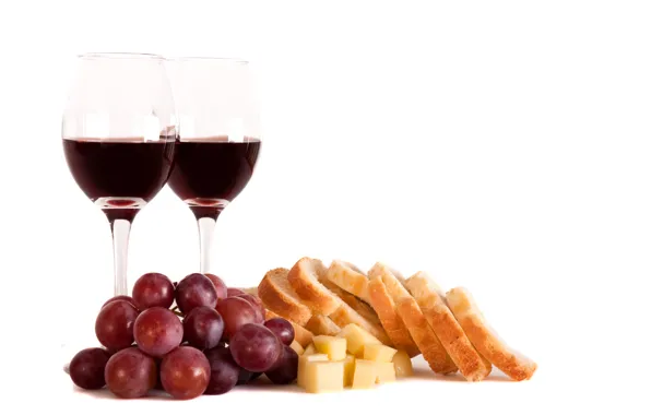 Picture wine, red, cheese, glasses, bread, grapes, chunks
