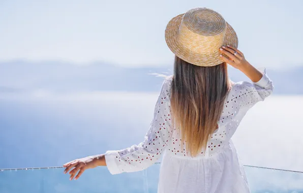 Girl, hat, white dress, pond, is back