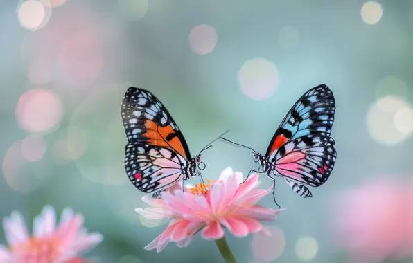 Flower, summer, macro, butterfly, insects, a couple, blue background, bokeh