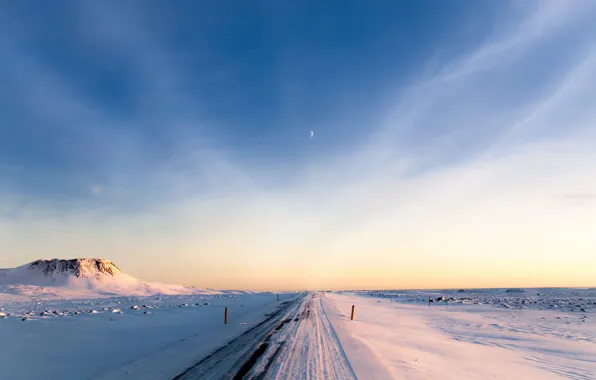 Winter, road, the sky, the moon, morning, Iceland
