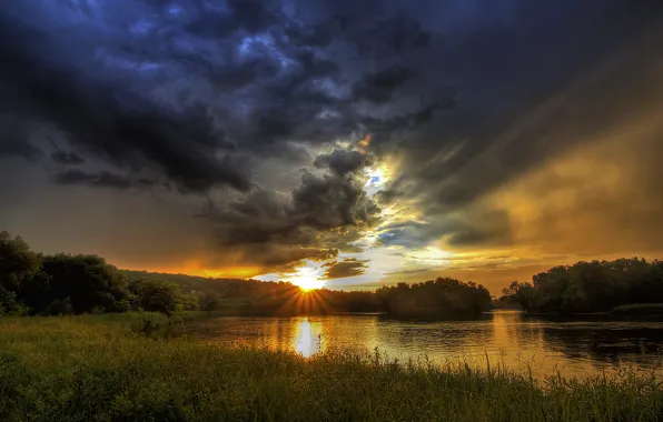 Picture the sky, grass, clouds, trees, lake, dawn, Canada, the rays of the sun