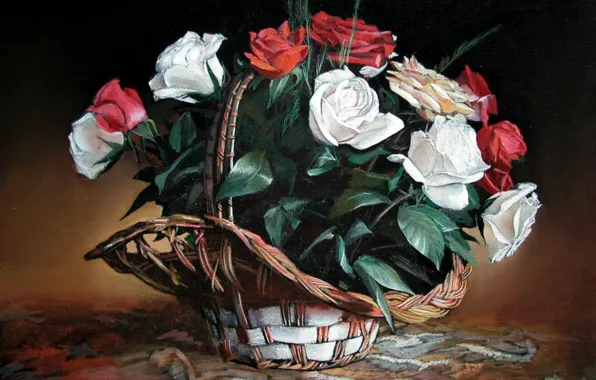Picture red, white, still life, Aibek Begalin, A basket of roses, 2005.