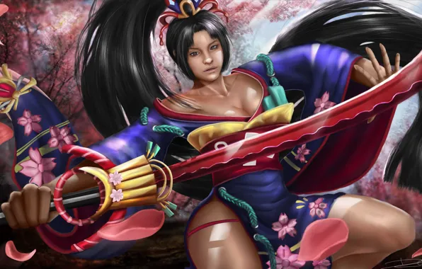 Chest, girl, hair, sword, art, onmyoji, yoto hime