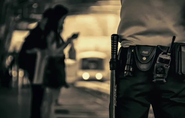 Focus, police, station, people, train, urban, uniform, blurry
