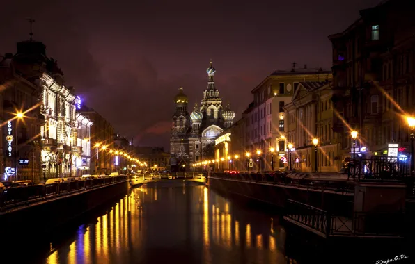 Water, night, bridge, the city, lights, Peter, Saint Petersburg, Church
