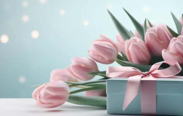 Flowers, pink, box, gift, bouquet, spring, Easter, tulips