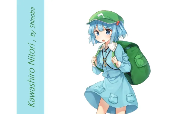 Girl, white background, cap, backpack, touhou, blue hair, art, key