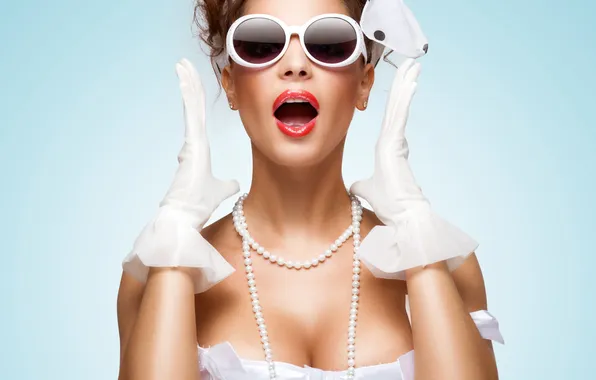 Girl, surprise, makeup, glasses, gloves, beads, girl, brown hair