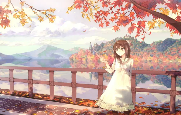 Picture Park, river, foliage, anime, girl, town, scene