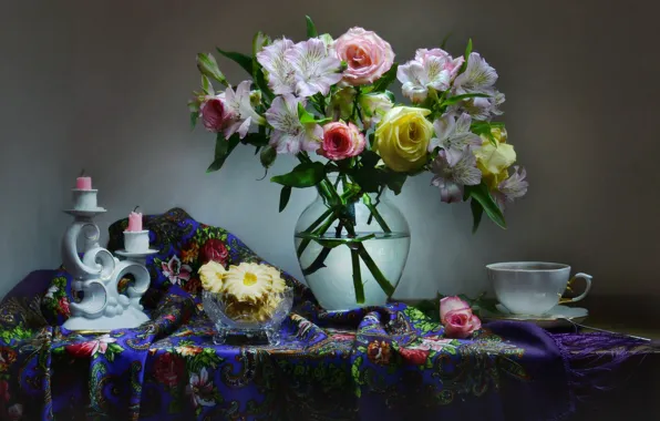 Cookies, mug, vase, a bouquet of flowers, candle holder, vase, cookies, mug